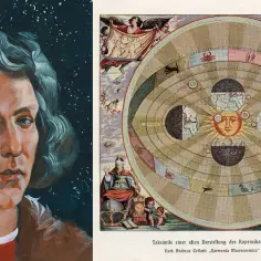 Portret Kopernika obok zabytkowego schematu heliocentrycznego układu planetarnego.